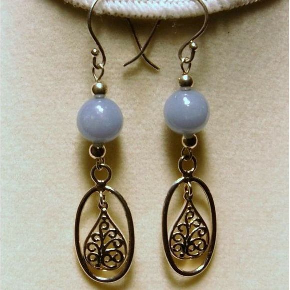 Handmade Light Blue Angelite & Filigre Tear Drop Sterling Silver Dangle Earrings - Picture 5 of 5